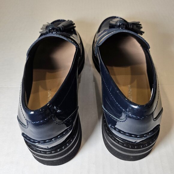 Stuart Weitzman, Adriana Navy Patent Leather Tassel Loafers New Condition - Picture 5 of 9